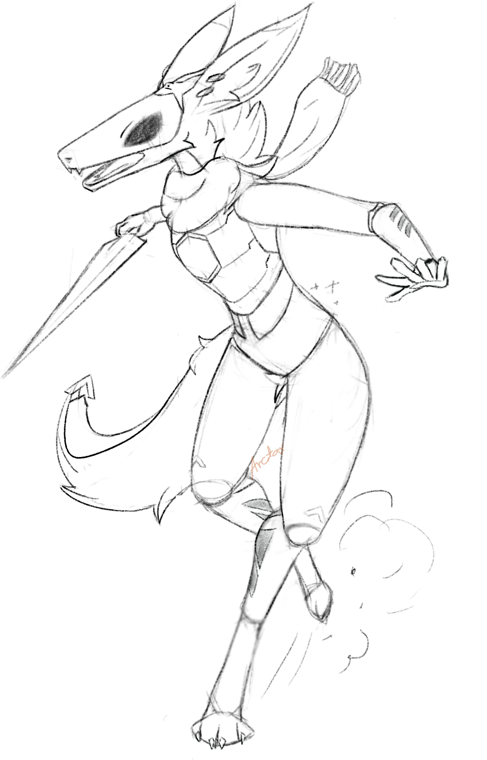 axia the biped cyber jackal, running with blade in hand