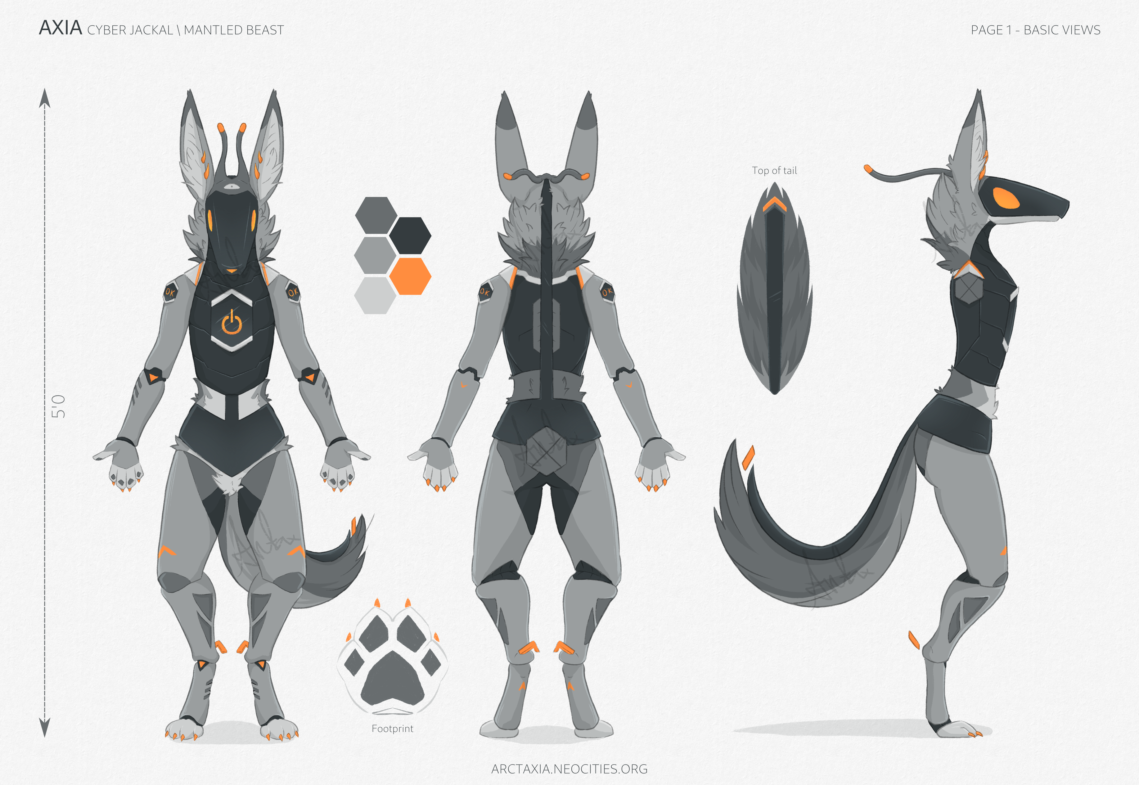 reference sheet of axia the biped cyber jackal, with front, back, and side views.